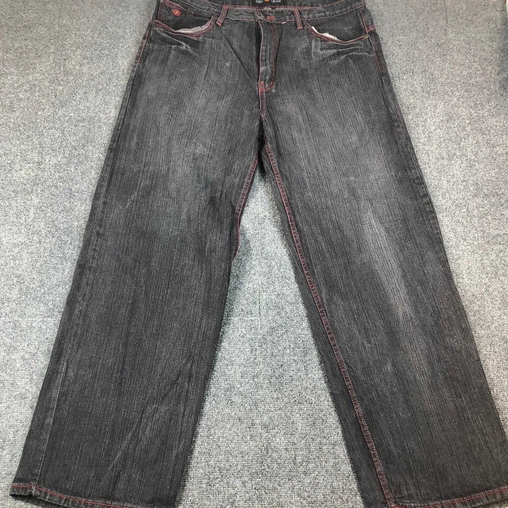 NBN Gear Mens Baggy‎ Jeans 40x32 Faded Black Red Contrast Stitch Y2K Streetwear